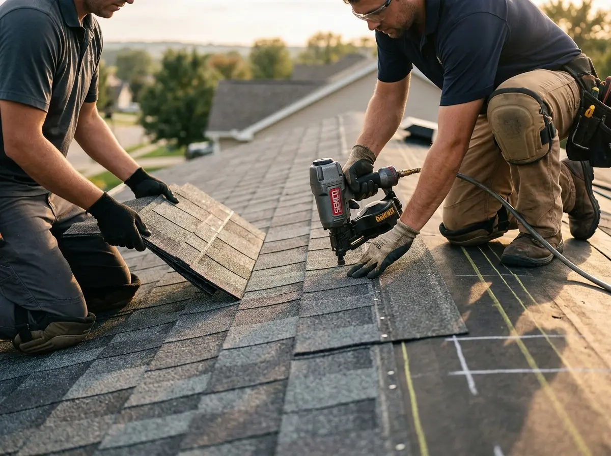 Professional roofer working on a residential roof in San Juan